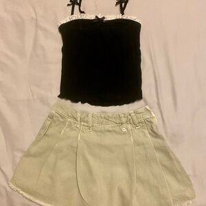 Girls Black Lace Trim Top and Light Green Skort Set